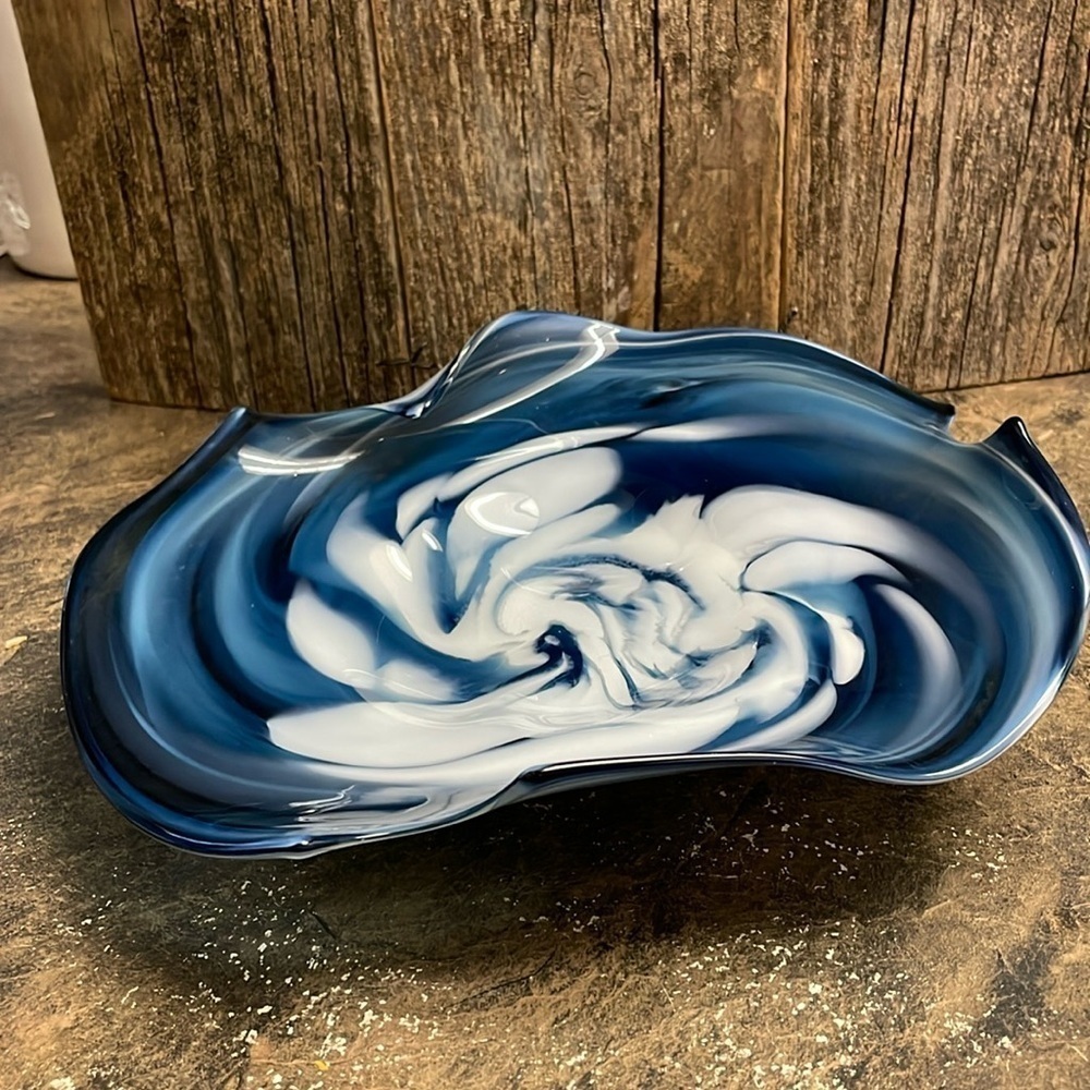 ARTISAN | Signed | Blue & White Glass Art Sculpture/Bowl | Home Decor